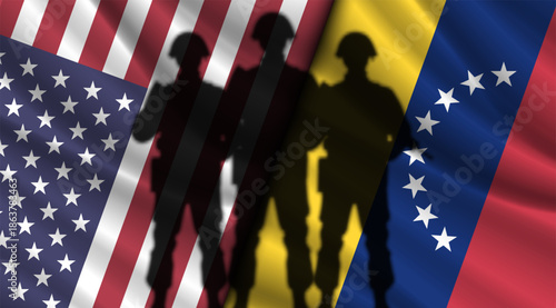 Vector wavy national flags of United States of America and Bolivarian Republic of Venezuela. Relations between countries. American and Venezuelan. Dark shadows of soldiers