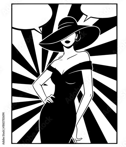 Pop Art Noir The Starlet, Radiant Fashion Silhouette, A confident woman in a black gown and hat, hand on hip