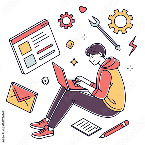 Professional Content Creator Working on Laptop Vector Illustration