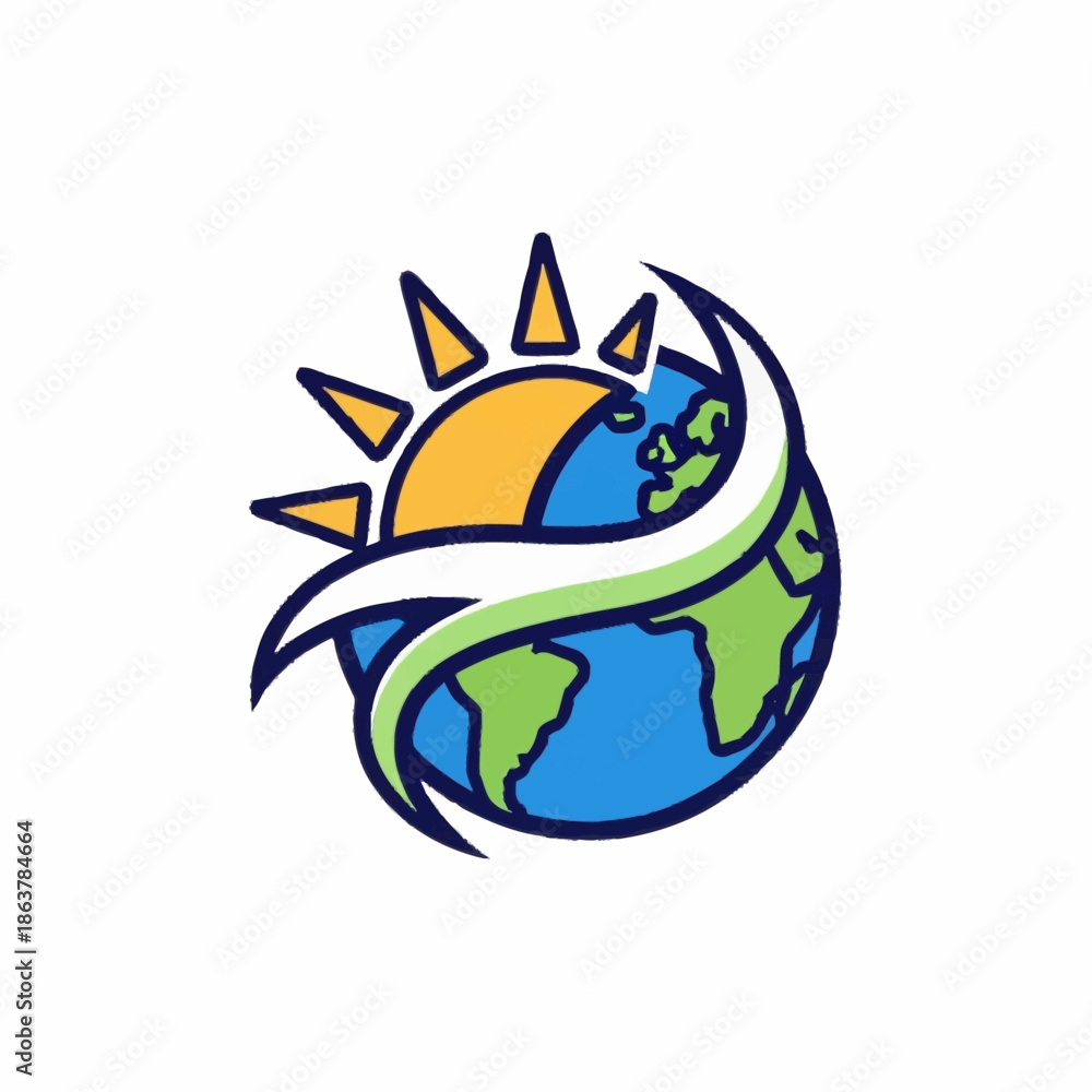Obraz premium Global Sunrise Earth Logo with Green Swirls.