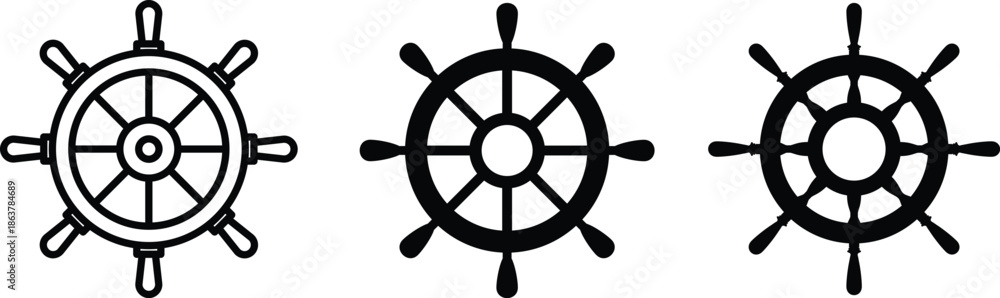 Obraz premium Set of fifteen vintage marine vector illustrations, including lifebuoys, ship steering wheels, traditional anchors with rope, fishing hooks, and powerful tridents.Ship wheel silhouettes.