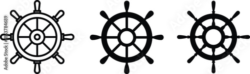 Set of fifteen vintage marine vector illustrations, including lifebuoys, ship steering wheels, traditional anchors with rope, fishing hooks, and powerful tridents.Ship wheel silhouettes.