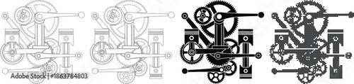Four stages of piston and gear mechanism movement in black and white line and silhouette engine crankshaft