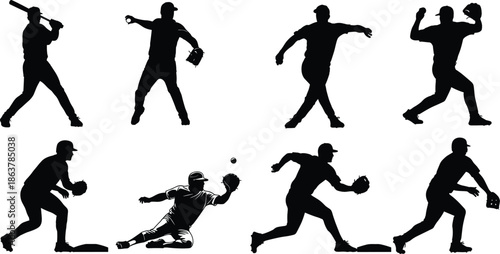 Baseball player silhouettes collection isolated on white background showing batting pitching throwing catching sliding and fielding sports action poses