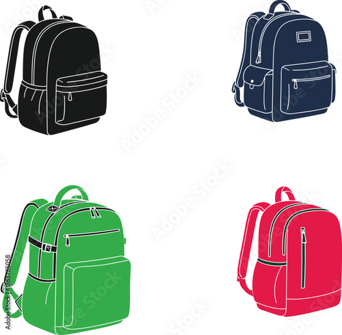 Backpack illustration set in multiple colors isolated on white background school bag travel rucksack flat design collection