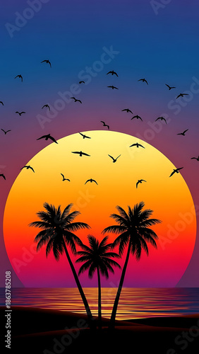 Sunset over Tropical Beach with Palm Trees and Birds