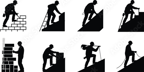 Construction worker climbing stairs and ladders silhouette set builder working on steps brick wall isolated on white background
