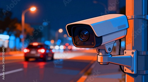 Surveillance camera on street at night