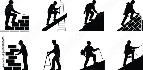 Construction worker silhouettes set builders climbing ladders laying bricks working on slopes and heights isolated on white background