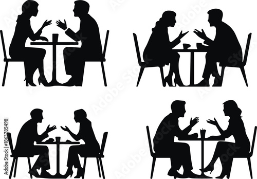 Couples dining and talking silhouettes set, romantic conversation at cafe or restaurant, date night, relationship and social interaction concept