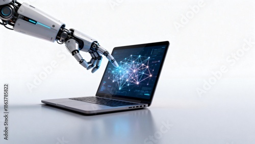Robot hand interacting with laptop