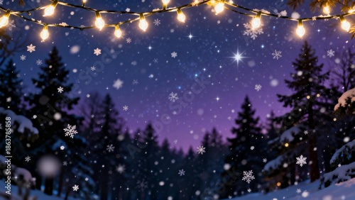 Snowy night with lights and trees