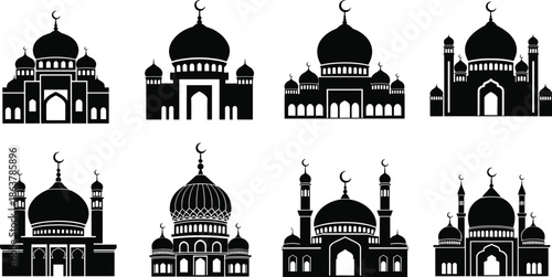 Islamic mosque silhouette set with domes and minarets isolated on white background religious architecture illustration collection