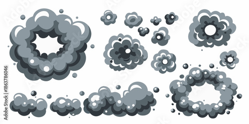 Various gray smoke cloud puffs and explosion effects illustration set