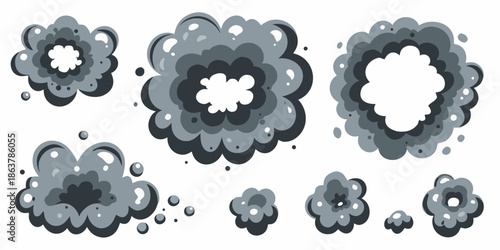 A collection of gray smoke or cloud puff illustrations in varying sizes
