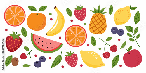 Colorful assortment of fresh fruits including oranges bananas and berries