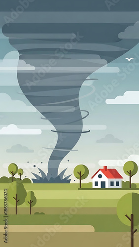 Tornado Destroying House in Countryside with Trees