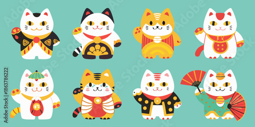 A delightful collection of colorful maneki neko lucky cat illustrations
