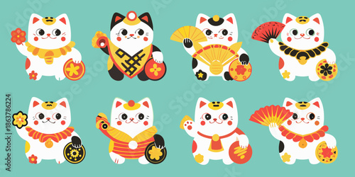 A collection of adorable maneki neko cats in various traditional poses