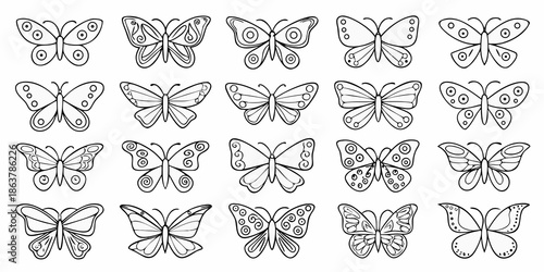 A collection of detailed butterfly illustrations in a black and white pattern
