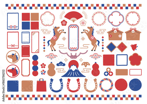 馬とお正月の手描き和風フレームセット