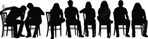 People sitting on chairs silhouettes isolated on white background showing waiting discussion resting and casual seated lifestyle poses collection