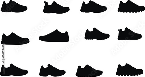 Sneaker shoe silhouettes collection with athletic casual footwear profiles isolated on white background for fashion sport and design use