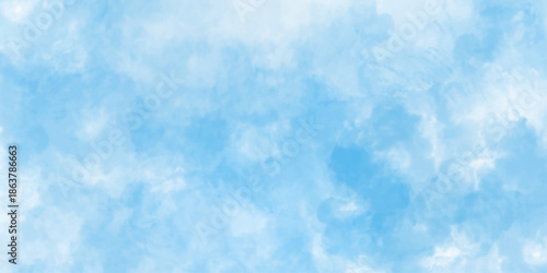 Blue sky with white clouds Abstract nature background of romantic summer. Sunny sky blue light watercolor aquarelle painting brush effect. Fantastic fuzzy and puffy blue sky for design.