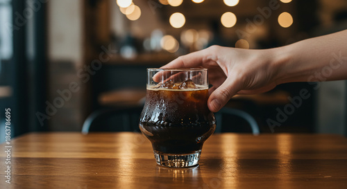 Hand reaching for a glass of iced coffee on a wooden table in a warmly lit café — casual, inviting, and refreshing moment perfect for a break or socializing
