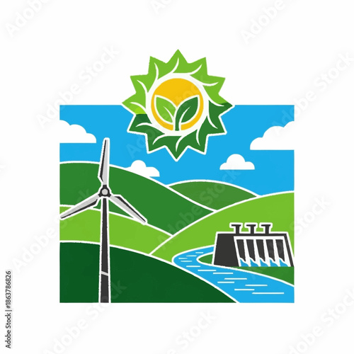 Renewable Energy Sources Wind Turbine Hydroelectric Dam Sun.