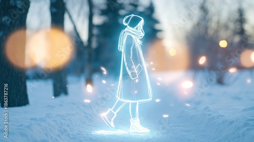 Person Walks on Snowy Path With Glowing Outline at Dusk