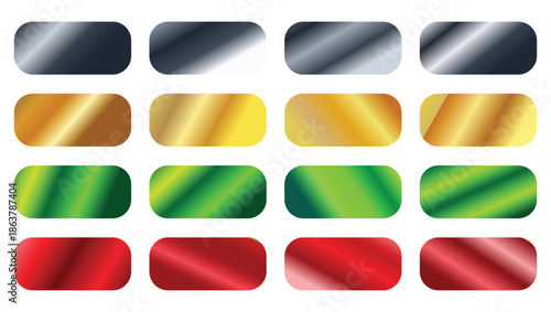 Multicolored metallic gradient backgrounds, metals, silver, gold, bronze, brass, copper, eps10. The texture of a smooth metal surface. A collection of colorfu metallic gradients. Vector illustration. 