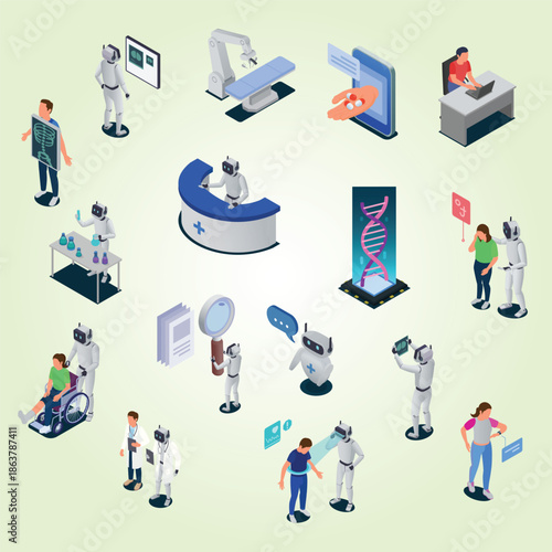 Ai in medicine isometric icons set with medical equipment robots and patients isolated vector illustration