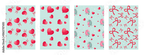 Vibrant cute seamless patterns set with lollypops, hearts, birds, baloons on blue backgrounds. Patterns for textile, fabric, posters, postcards, greeting cards, wrapping paper.  Vector illustration