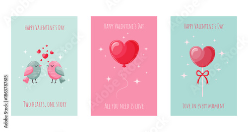 Cute Valentine's Day  postcard  set with heart shape lollypop, baloon and  birds. Lovely postcard. Flat cartoon style. Greeting cards design. Valentine's Day, love, romance.Vector illustration.