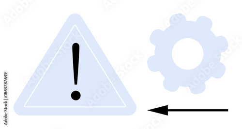 System alert. Warning sign next to a gear icon showing system alert or configuration process. System alert for troubleshooting, settings, maintenance, process optimization, and monitoring