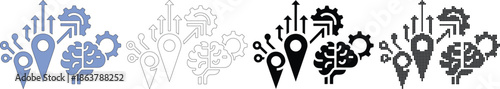 Five abstract showing technology brain gears and location pins with arrows