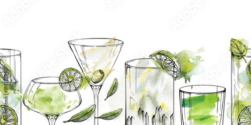 Obraz na plátně Seamless cocktail banner with martini, mojito, margarita in coupe glass, appletini or absinthe shot, lime slices and mint sprigs in watercolor and ink