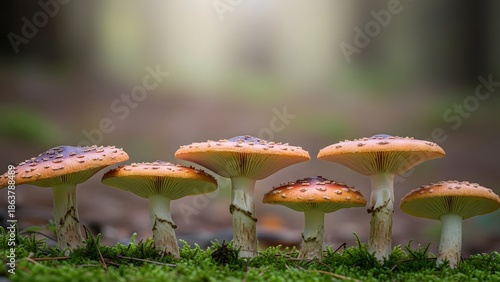 Vibrant orange mushrooms growing on lush green moss in forest
