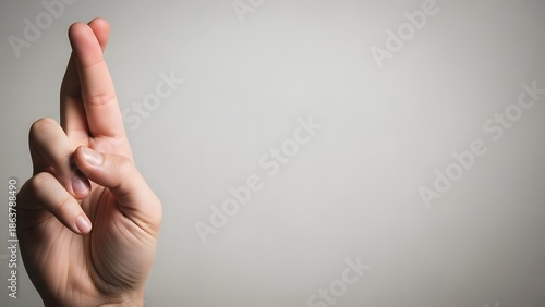 Hand gesture with crossed fingers on gray background for luck