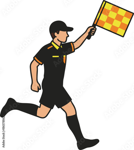 Vector illustration of a soccer assistant referee or linesman running while holding up a yellow and orange checkered flag to signal.