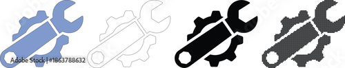 Four wrench and gear symbol variations in blue outline solid black and dotted styles