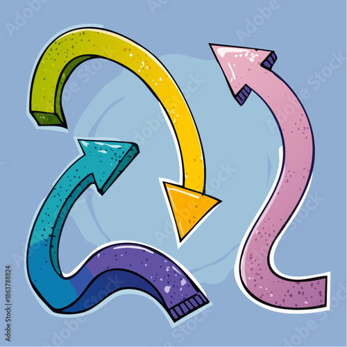 Diverse collection of colorful graffiti-style arrows in different directions, symbolizing movement, change, and communication, rendered in a playful cartoon aesthetic