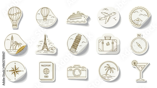 A collection of travel related items and landmarks on a white background