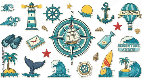 A collection of travel related items and landmarks on a white background