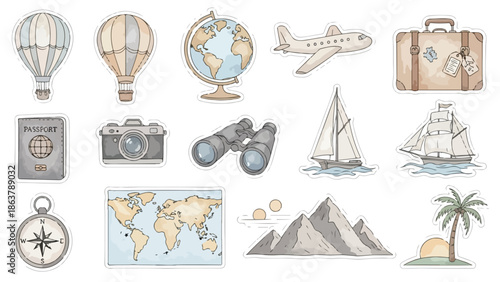 A collection of travel related items and landmarks on a white background