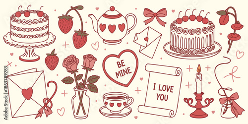 hand drawn coquette elements for valentines day wedding invitation and birthday card featuring cute girly bows hearts ribbons cherry cake heart frame strawberry vector illustration.