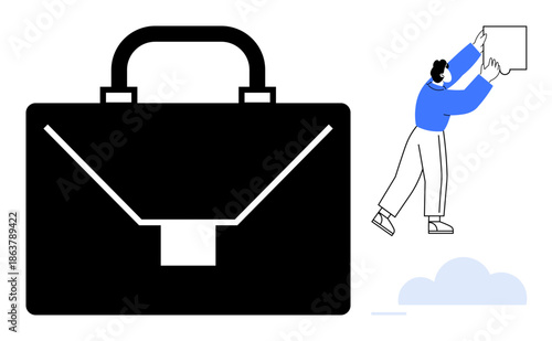 Business growth concept. Business imagery a black briefcase and a person striving toward goals. Business growth motivating innovation, teamwork, productivity, success