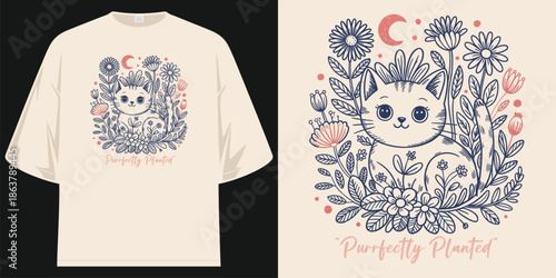 purrfectly planted cute cat in a flower garden graphic apparel t shirt design vector illustration artwork t shirt design vector illustration artwork
