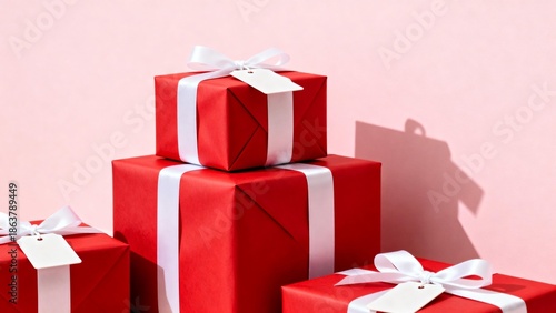 Stacked red gift boxes with white ribbons